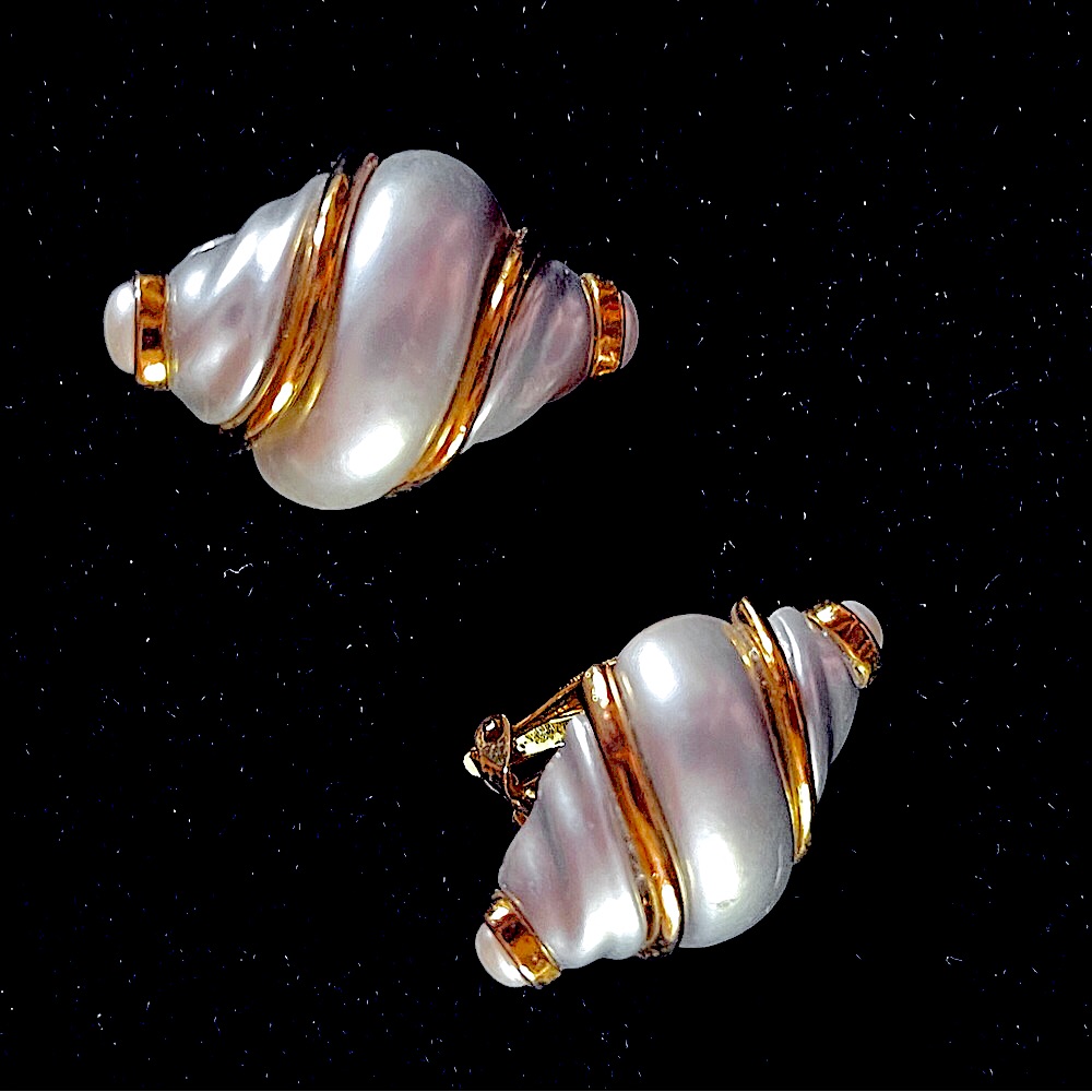 Kenneth Lane Vintage Sea Shell Shaped Pearl Clip Earrings